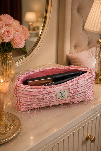 MAKE BAG PEMBE BONCUKLU SAÇ ŞEKİLLENDİRİCİ MAKYAJ ÇANTASI