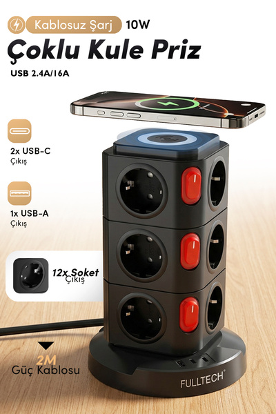 Fulltech FTR-15 Power Tower Dikey Priz | 12’li Çoklu Soket, 10W Kablosuz Şarj...