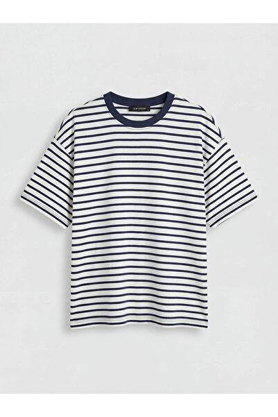 LC Waikiki Γυναικείο μπλουζάκι Navy Blue Crew Neck με ρίγες Oversize