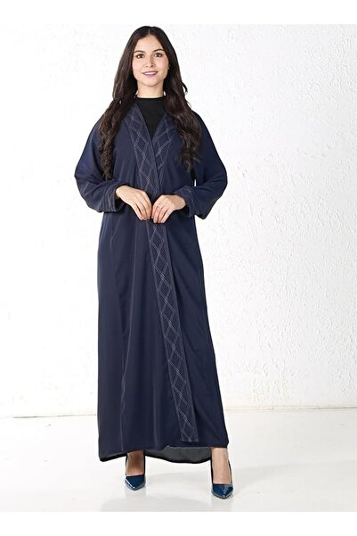 MyesuQ Classic Navy Blue Crepe Abaya with Premium Soft Geometric Embroidery w...