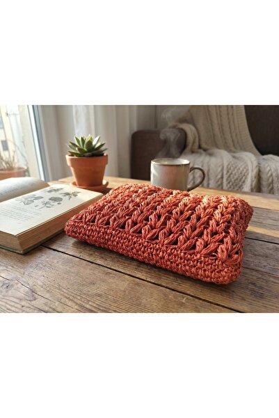 Meya design Kadın Kiremit Rengi El Örmesi Çıtçıtlı Portföy Çanta - 14x23 cm