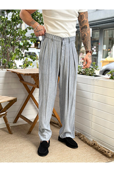manch collection Pantaloni din in cu dungi, cu croială coreeană și pliuri