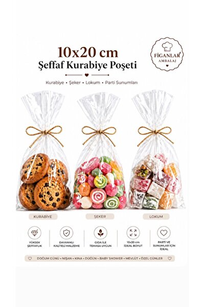 figanlar ambalaj 10x20 Şeffaf Yapışkansız Poşet Kurabiye Şeker Lokum Paketlem...
