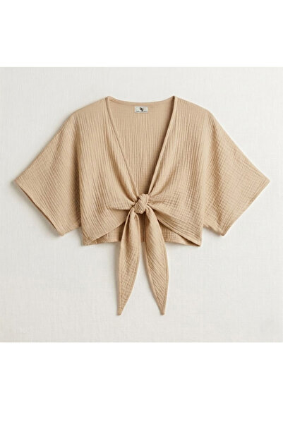 Beyza Yalçınkaya %100 Pamuk Kimono Görünümlü Önden Bağlamalı Crop Bluz - Kate...
