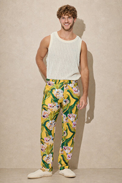 Dear Deer Keten Karışımlı Straight Fit Floral Pantolon
