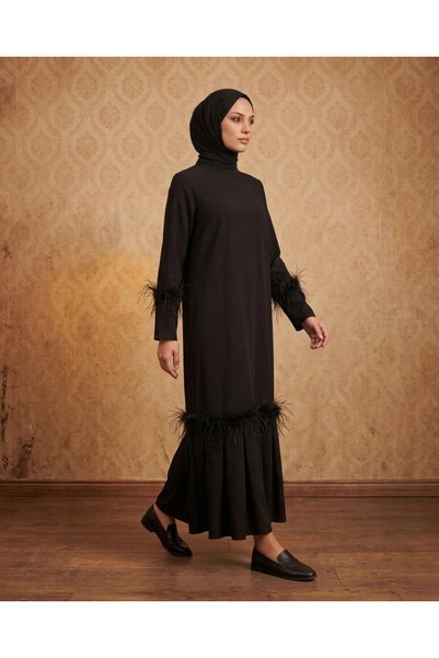 Nevayla Moda Tüy Detaylı Zarif Elbise / Siyah - E0133