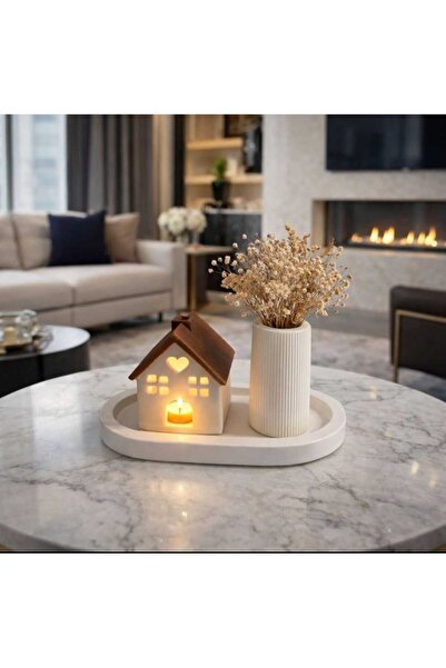 SCA CANDLE dekoratif oval tepsi +kahve renk çatılı beyaz renkli ev+vazo P Mod...