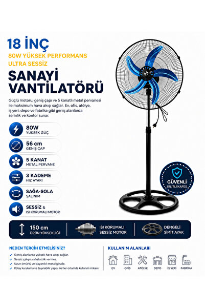 Nivego Nvg 18 İnç Sanayi Tipi Vantilatör 80W Güçlü Sessiz Ayaklı Fan 5 Kanat ...