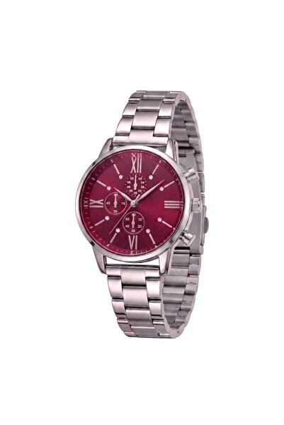 Louis Genessio Silver Burgundy Minimal Women's Wristwatch with Zircon Stone