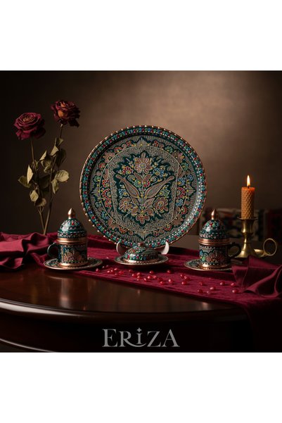 ERİZA Special Presentation Set with 2 Cups, Tray, and Turkish Coffee Cup, Handcrafted Copper Coffee Set