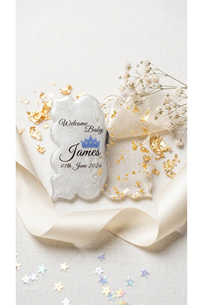 Babyshower Epoksi Magnet - Altın/Gümüş Varaklı Taçlı Bebek Hediyeliği UV BASKI- 20 Adet