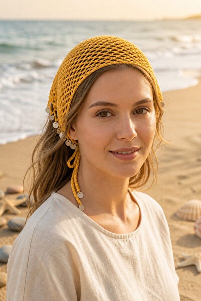 Butik Kadın Pullu El Örgüsü Bohem Bandana Saç Aksesuarı - Plaj Aksesuarı