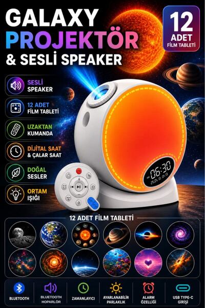 SONREİR Galaxy Projektör Yıldız Gece Lambası RGB Bluetooth Hoparlörlü Döner U...