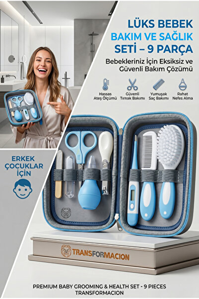 Transformacion MAVİ 9 Parça Bebek Bakım Seti, Yenidoğan Hediye Sağlık Kiti (T...