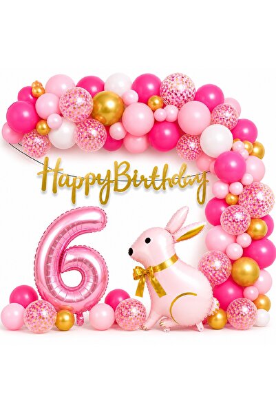 BKMC PARTY Pink Rabbit Birthday Set for 6 Years Old – Gold Balloon Chain Happ...