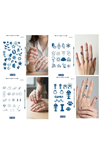 Airbrush Tattoo Neşeli Tarz 4 Adet Birden Yarı Kalıcı Minimal Parmak ve El Üs...