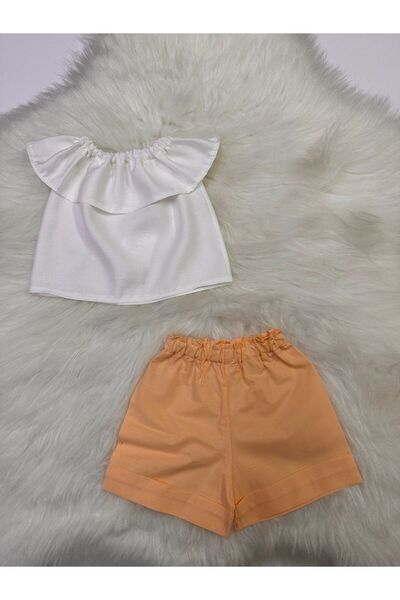 Moda Lina Baby طقم بناتي مكون من قطعتين: بلوزة بيضاء بياقة مادونا وشورت بلون ...