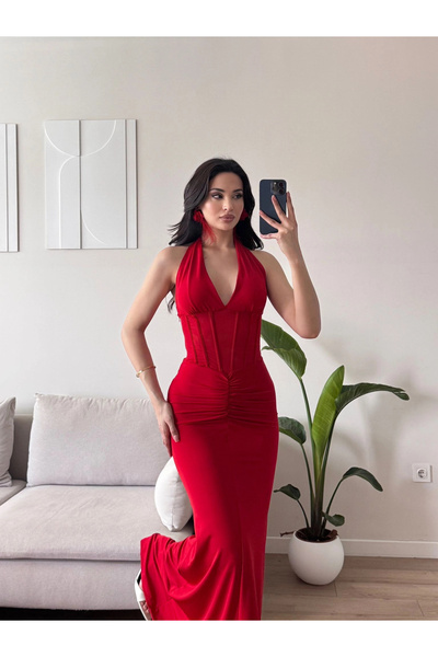 Zoom Butik Bel Korse Maxi Elbise - KIRMIZI