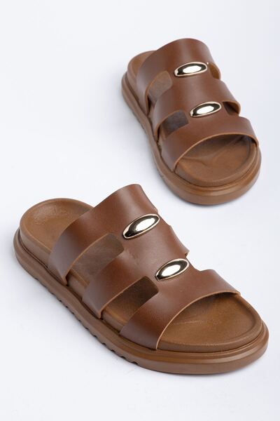 Moda Eleysa Γυναικείες παντόφλες Della Tan Skin με χρυσή λεπτομέρεια και πολυ...