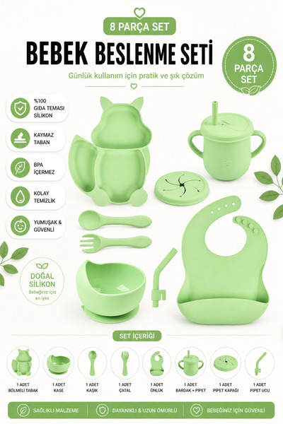 jojobebek Sincap Figürlü Yeşil BPA Free Vakumlu Silikon Beslenme Seti