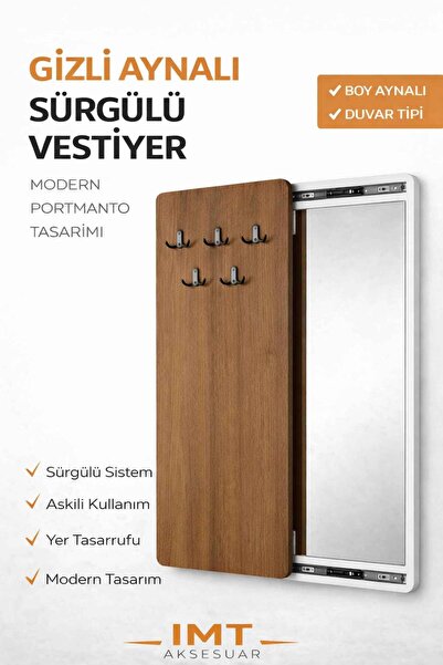 İMT AKSESUAR Gizli Aynalı Sürgülü Vestiyer 100x45 cm Ceviz Duvar Tipi Portman...