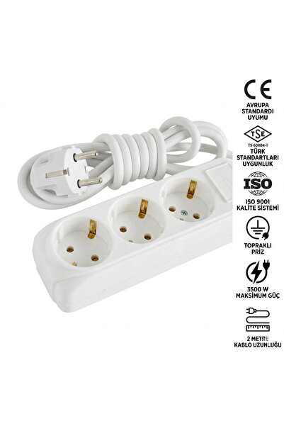 bydiz 3'lü Priz 2 Metre Topraklı Uzatma Kablosu 3500W Grup Priz Kablolu Priz ...