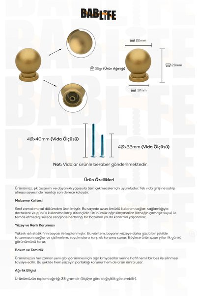 bablife Küçük Misket Düğme Mat Altın 22mm Çapında Çekmece Dolap Mobilya Kulpları