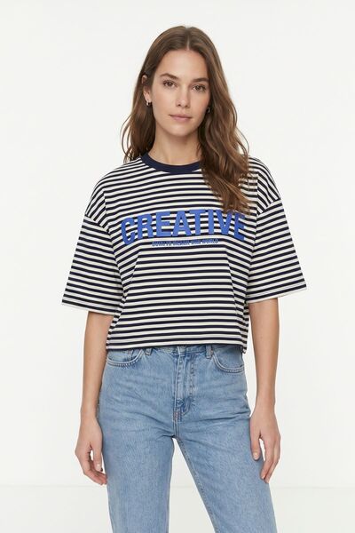 Rays Tricou crop cu mânecă scurtă, cu dungi, cu decolteu rotund, Laci 8325