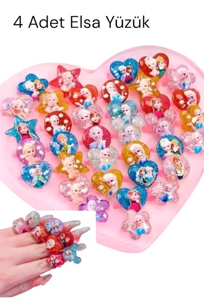 SHEKER HOME 4 Adet Elsa Frozen Çocuk Yüzük Seti Simli Kalp Yıldız Figürlü Aya...