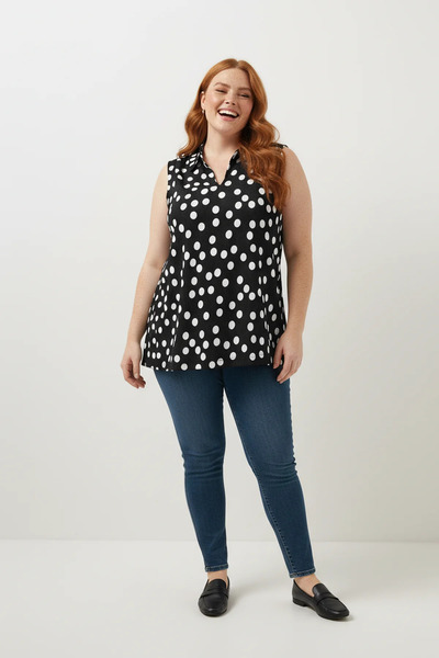 Shape Of You Polka Dot Open Collar Sleeveless Blouse