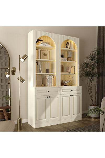 klubeconcept Klube Concept İNCİ LED Işıklı Kemerli Kitaplık Dolap ve Çekmecel...