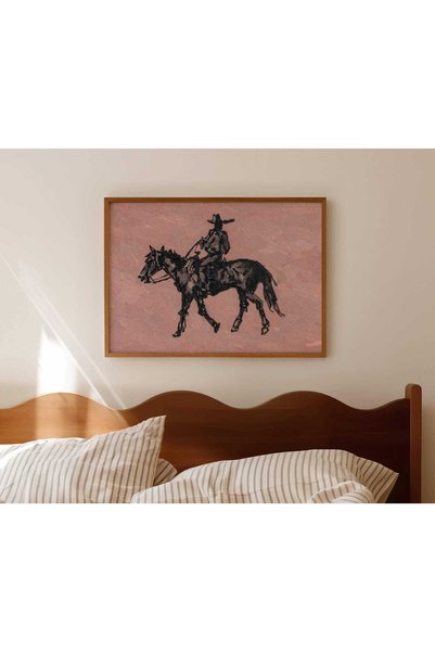 NinaStore Minimalist Soyut At Binicisi Pembe Yağlı Boya Tablo Baskısı - Yatay...