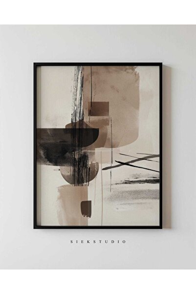 NinaStore Modern Soyut Şekiller Tablosu - Minimalist Nötr Duvar Sanatı - Siya...