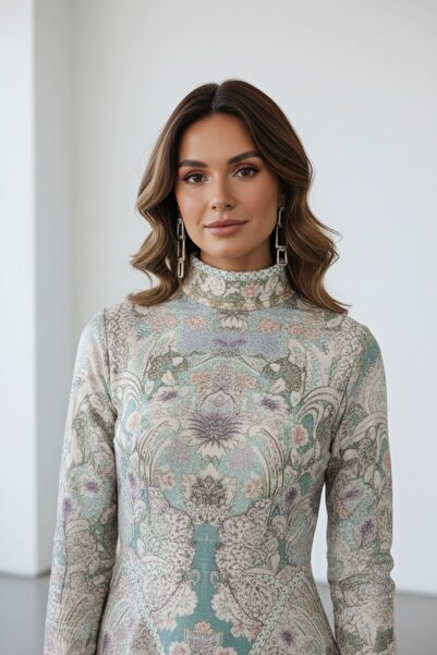 SERPİL Desenli Dik Yaka Midi Elbise 52001