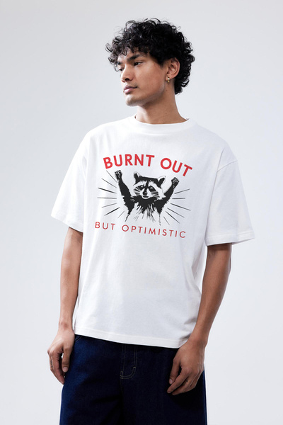 Tee&more. Unisex Oversize Burnt Out but Optimistic Printed Premium T-Shirt