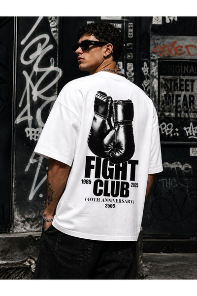 ship master Erkek Bej Oversize Boxing “Fight Club” Baskılı %100 Pamuk Tişört