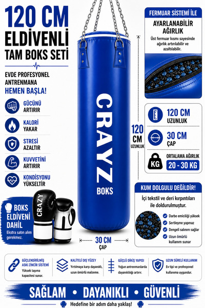 Crazy 120 CM Boks Torbası Seti Eldivenli | Ayarlanabilir Profesyonel Kum Torb...