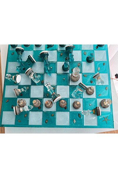 3Dsmallthing EPOKSİ SATRANÇ TAKIMI - DENİZ TEMALI - TURKUAZ BEYAZ DAMALI