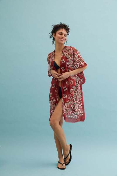 Silk and Cashmere Kırmızı İsla İpekli Baskılı Kimono