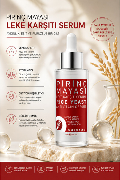 Shineco Pirinç Mayası Leke Karşıtı Serum 50 ml, Cilt Tonu Eşitleyici ve Aydın...