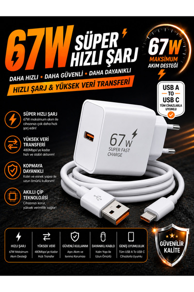 ULUSGO 67 Watt Hızlı Şarj Aleti Kablo Dahil 5 Yıldız Güçlü Adaptör Type-C Uyumlu