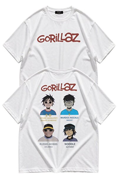Fuddy Moda Tricou unisex cu imprimeu pe spate cu membrii Gorillaz, cu guler r...