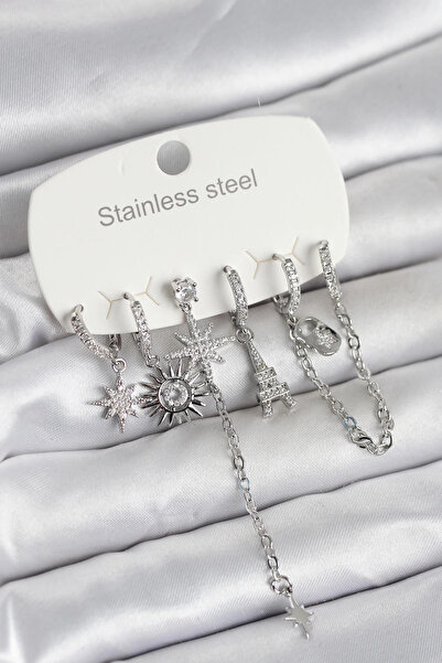 Clariss 316L Çelik Gümüş Renk 6'lı Set Charmlı Kadın Küpe