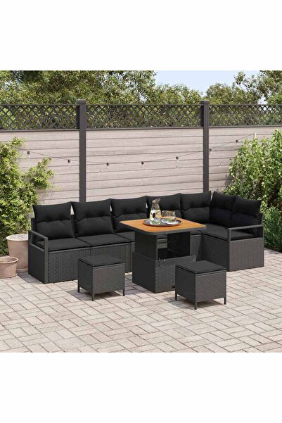 vidaxl Set de canapele pentru gradina cu perna 9 pcs Negru Rattan poli