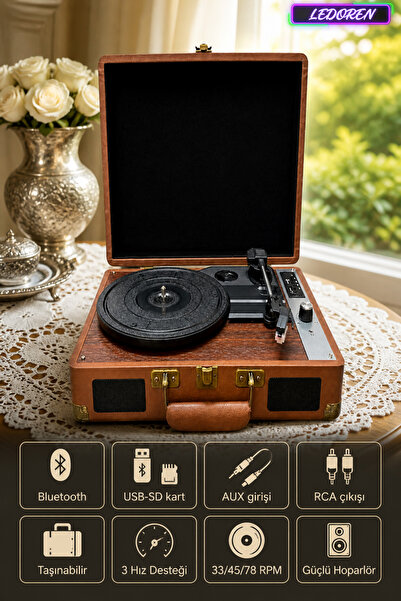 L'eDoren MZL-P01 Bluetooth Retro Valiz - 3 Hızlı Taşınabilir Plak Çalar Dahil...