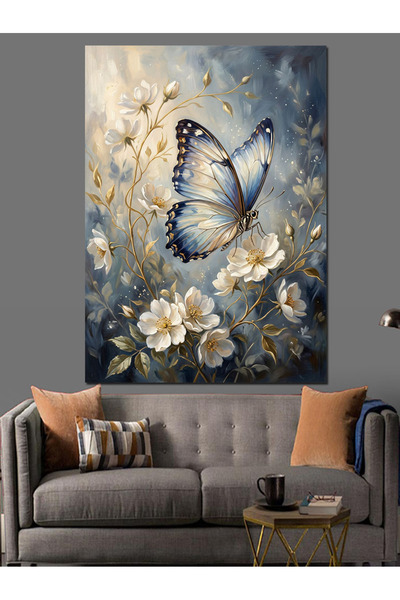 Artmeg O fluture albastră în mijloc de flori - Tablou decorativ din lemn MDF