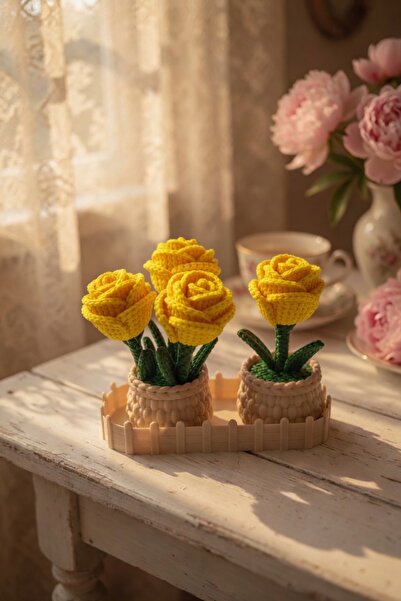 MYCRAFT3D Örgü Dokulu Gül Saksı ve Çit Standlı Set – Pembe Çiçekli Dekoratif ...