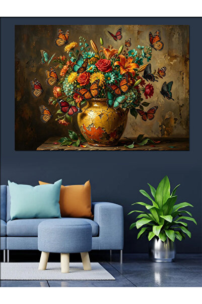 Artmeg Buchet de flori colorate cu fluturi într-o vază - Pânză decorativă - T...