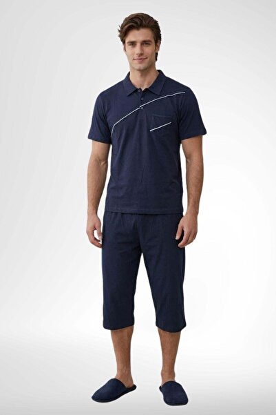 Mecit Pijama Mecit 4007 Navy Blue 100% Cotton Large Size Capri Men's Pajama Set