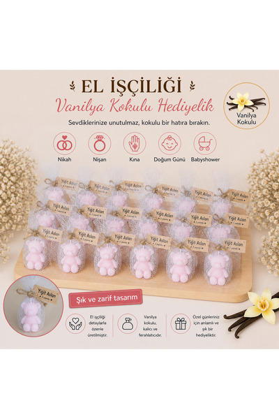F&A Candle 50 ADET Kişiye Özel El Yapımı Pembe Ayıcık Mum – Vanilya Kokulu Ni...
